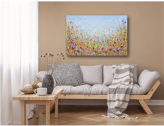 Wildflowers meadow painting, palette knife art