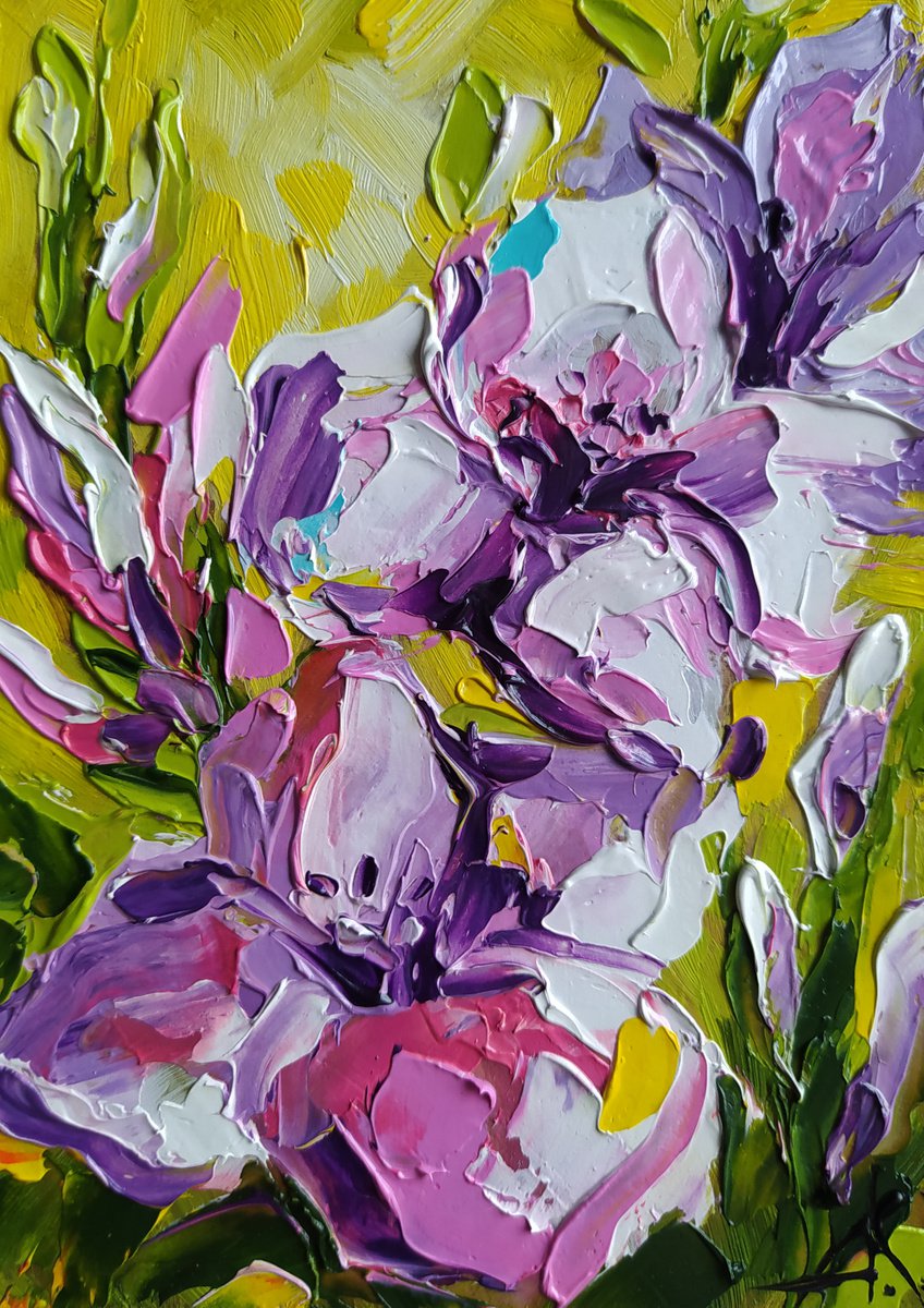 Smell of August - small painting, flowers oil painting, oil painting, flowers, gladiolus by Anastasia Kozorez