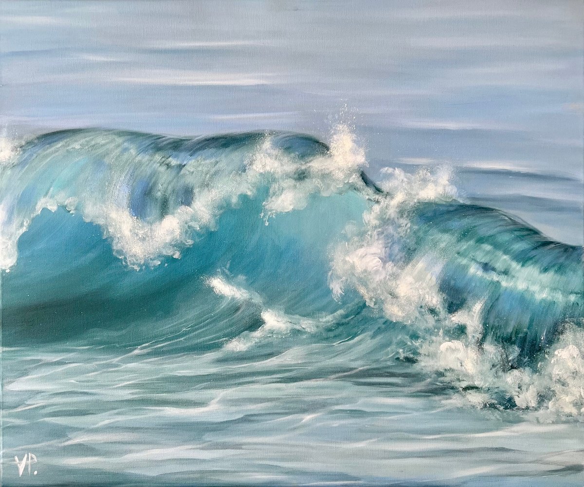 Photorealistic Landscape Oil Painting By Valeria Ocean, 24 X 20", Soft Blue Sea, Original Artwork