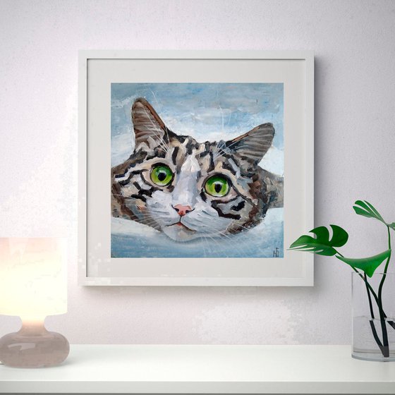 Tabby Cat Painting Pet Original Art Grey Cat Portrait Artwork Funny Animal Wall Art