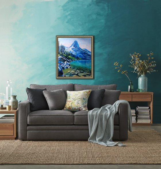 Blue lake - oil painting with mountains and lake