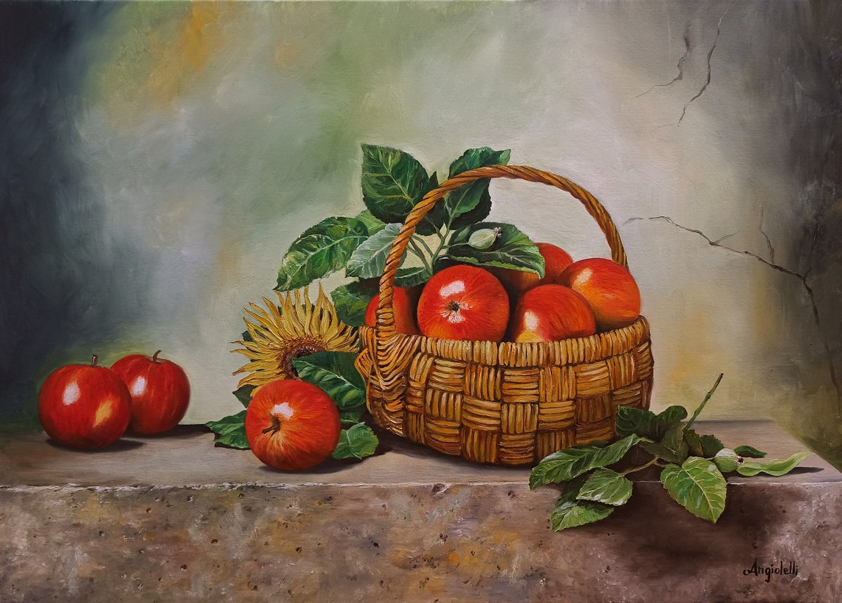 Photorealistic Still Life Oil Painting By Anna Rita Angiolelli, 28 X 20, Still Life With Apples, Original Artwork
