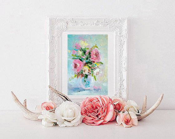 Roses Painting Original Art Floral Oil Painting Flower Bouquet Artwork Small Wall Art