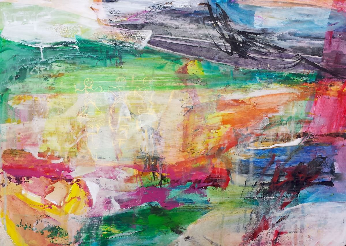 Expressive Abstract Acrylic Painting By Florina Breazu, 28 X 21, Neolithic Reminiscences, Original Artwork