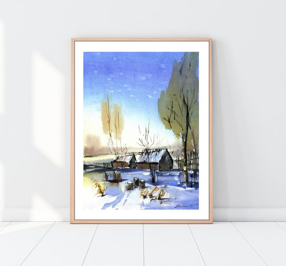 Winter sunset in the countryside original watercolor painting, snowy landscape