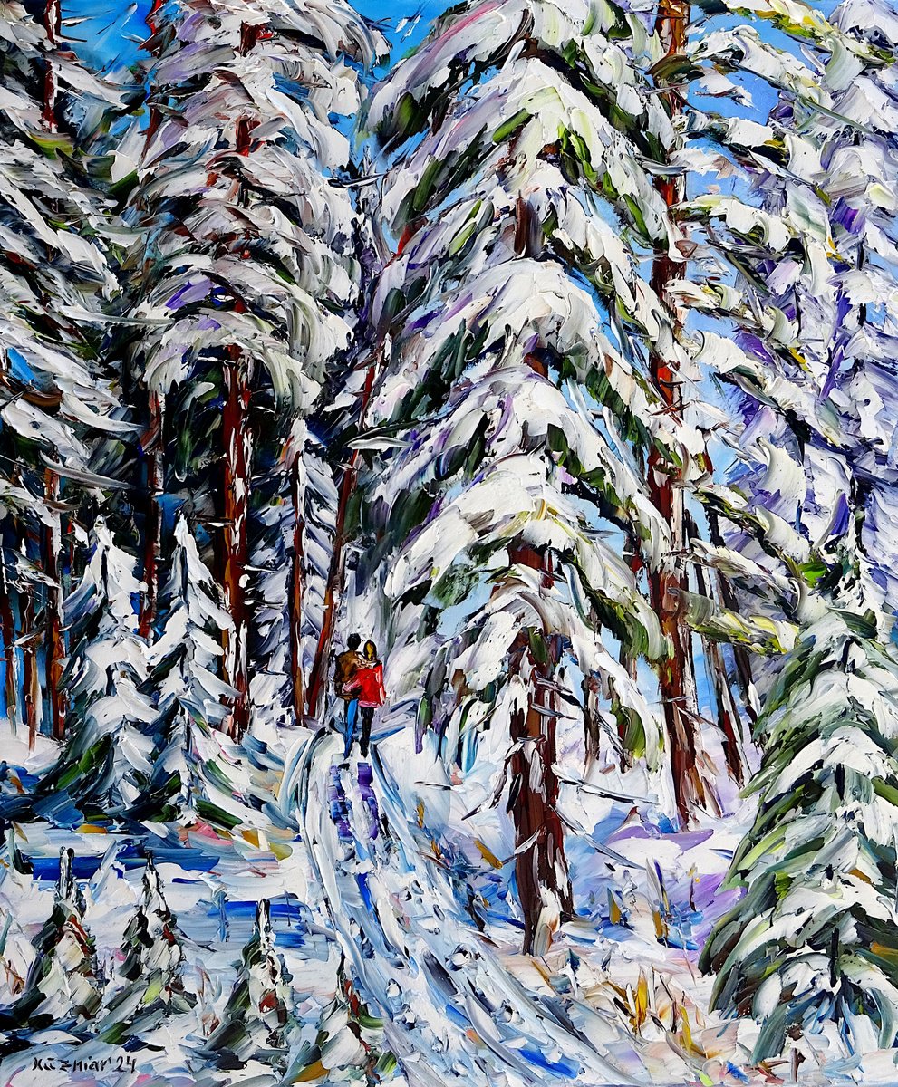 Expressive Landscape Oil Painting By Mirek Kuzniar, 20 X 24", Walk In The Winter Forest, Original Artwork
