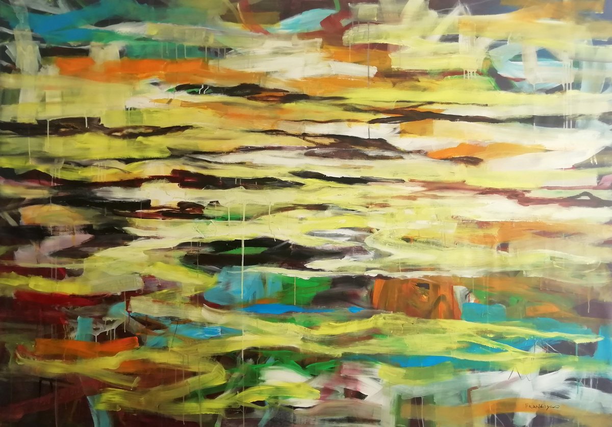 Organic Abstract Acrylic Painting By Francisco Santos, 79 X 51, Abstract Landscape 11, Original Artwork