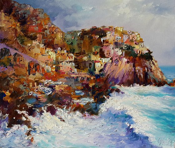 Manarola, Riomaggiore Province - Liguria, Italy landscape oil impasto painting