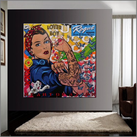 Rosie's Heart of a Lion 150cm x 150cm Rosie The Riveter Textured Urban Pop Art