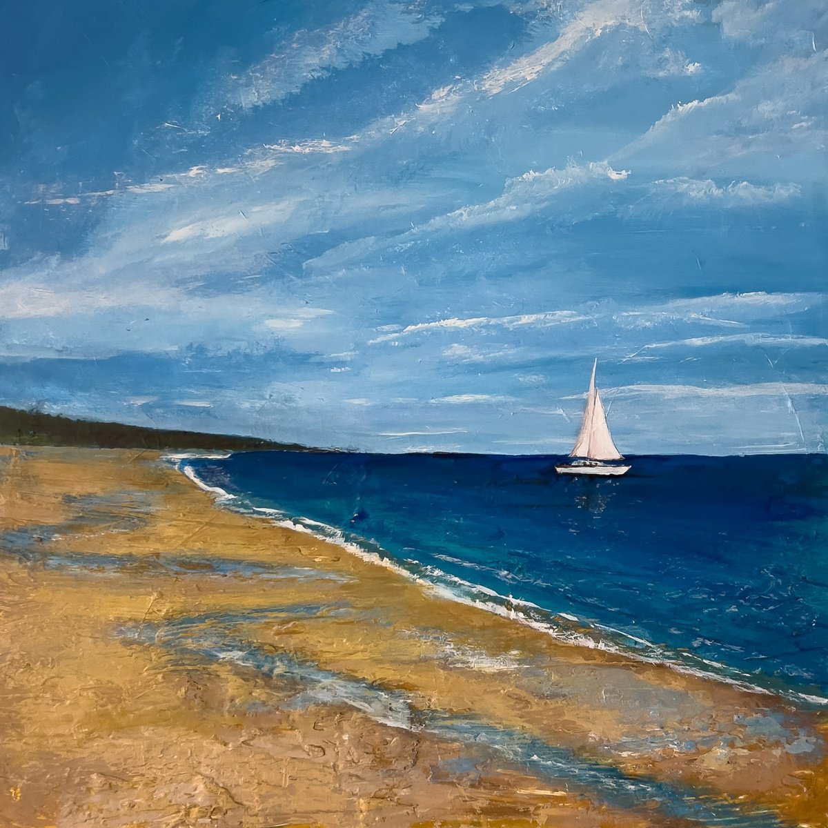 Naive Landscape Acrylic Painting By Km Arts, 20 X 20", Sailing The Coast Of Jersey, Original Artwork