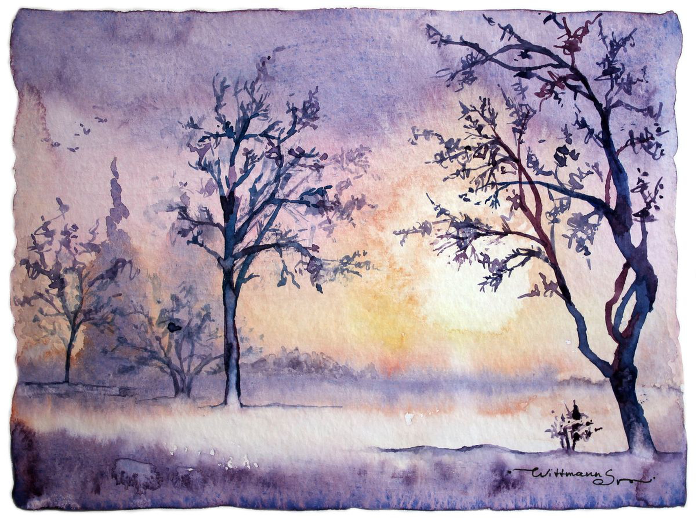 Sunrise In Violet Winter Treescape Aquarel Artfinder Find & download free graphic resources for watercolor sky. sunrise in violet winter treescape aquarelle artwork yellow sun and nature view watercolor landscape original watercolour painting on white