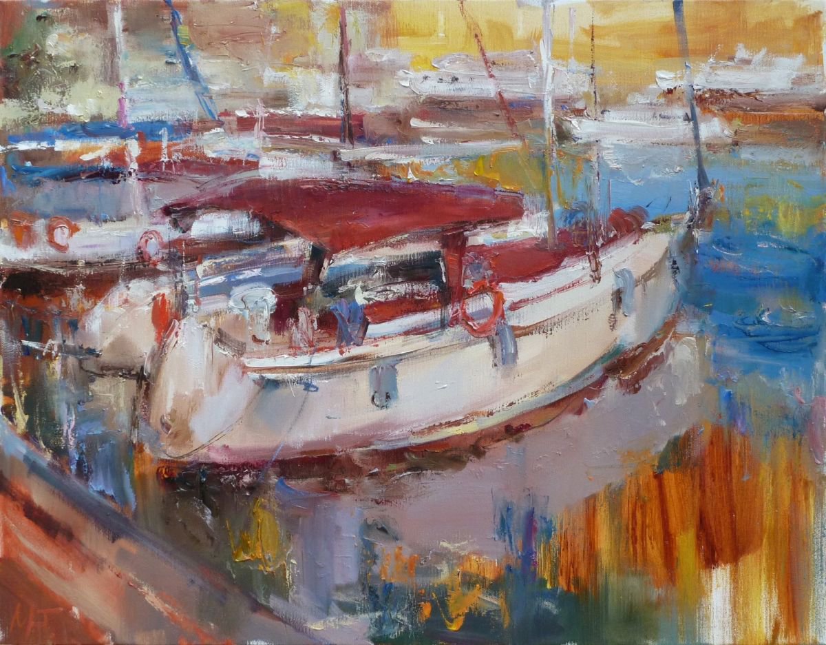 Impressionistic Landscape Oil Painting By Nelina Trubach-Moshnikova, 26 X 20", In A Port, Original Artwork