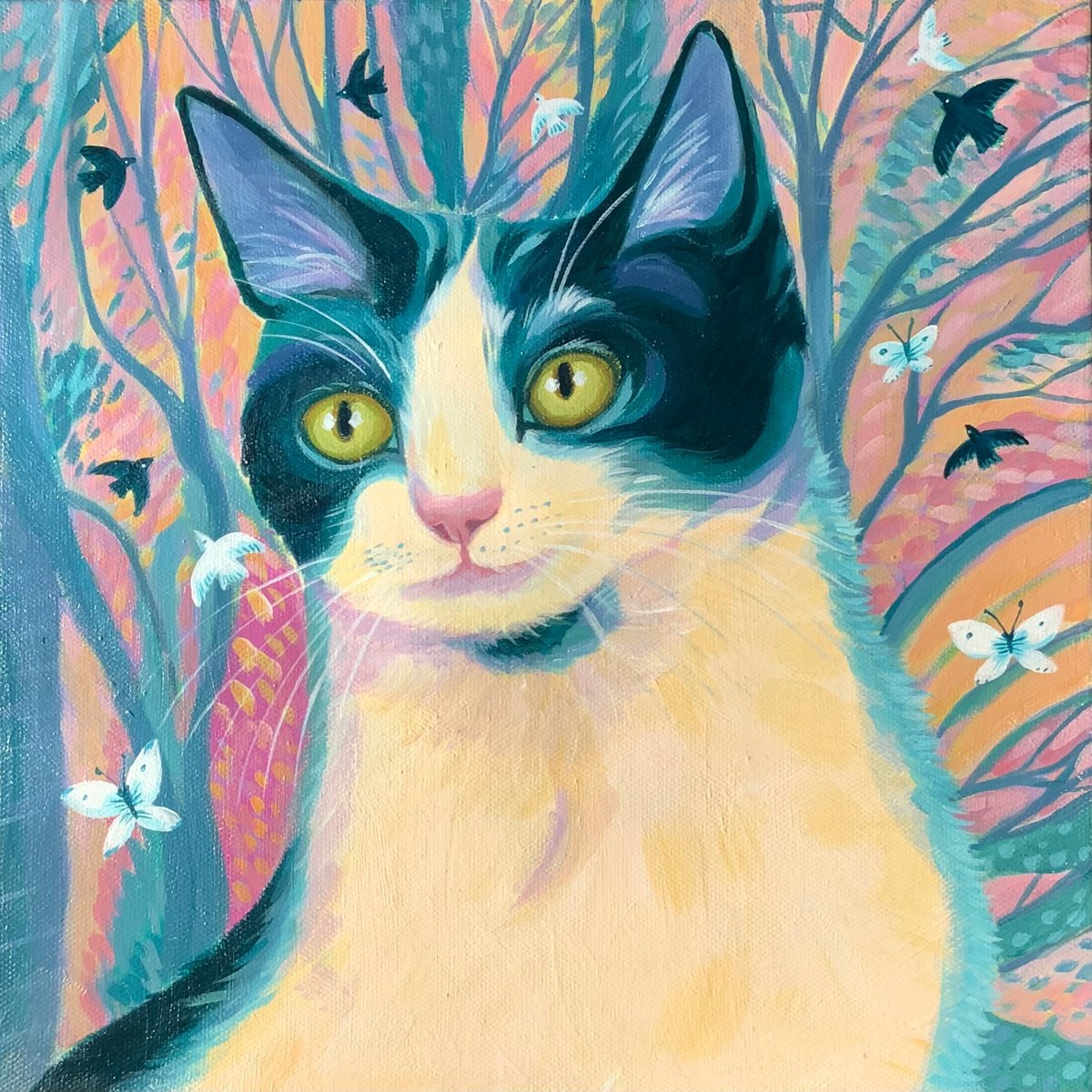Impressionistic Animal Acrylic Painting By Mary Stubberfield, 12 X 12", Cat In The Woods, Original Artwork