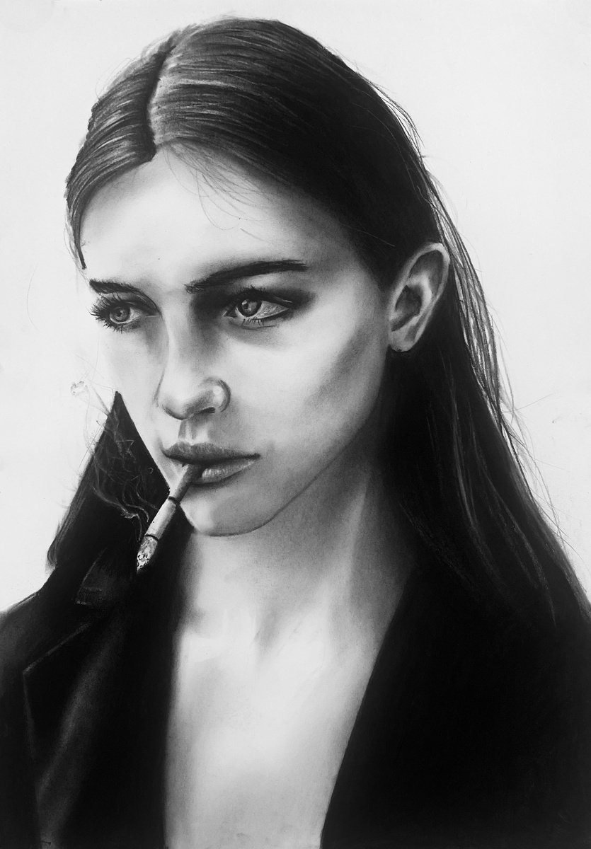 Photorealistic Portrait Charcoal Drawing By Denny Stoekenbroek, 12 X 17, Bad Dreams, Original Artwork