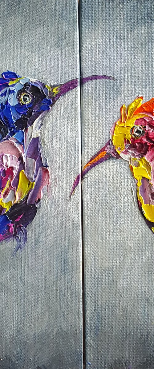 On distance - oil painting, hummingbird, birds, animals, art bird, Impressionism, palette knife, gift. by Anastasia Kozorez
