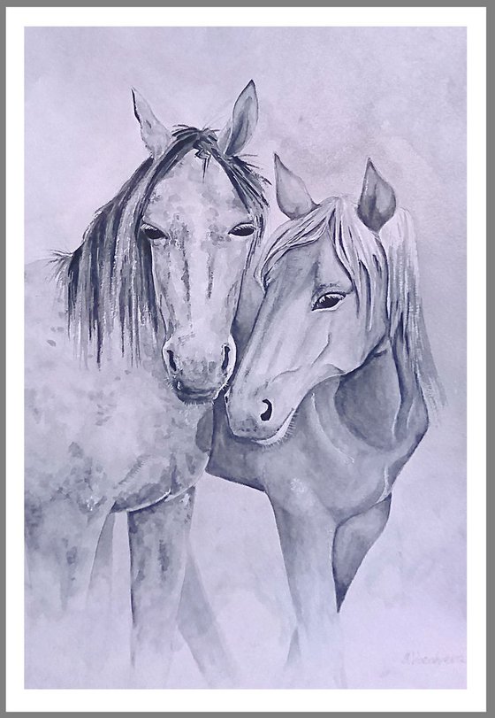 Horses. Monochrome watercolor painting.