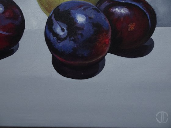 Still life plums and pear