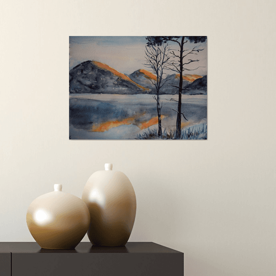 Norwegian original watercolor painting Winter mountains in Norway, snowy fjords in sunset, lake