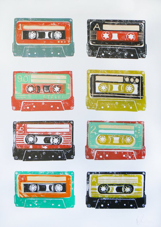 Linocut tapes #12 (cassette tapes, retro music, 70's, 80's rock culture)