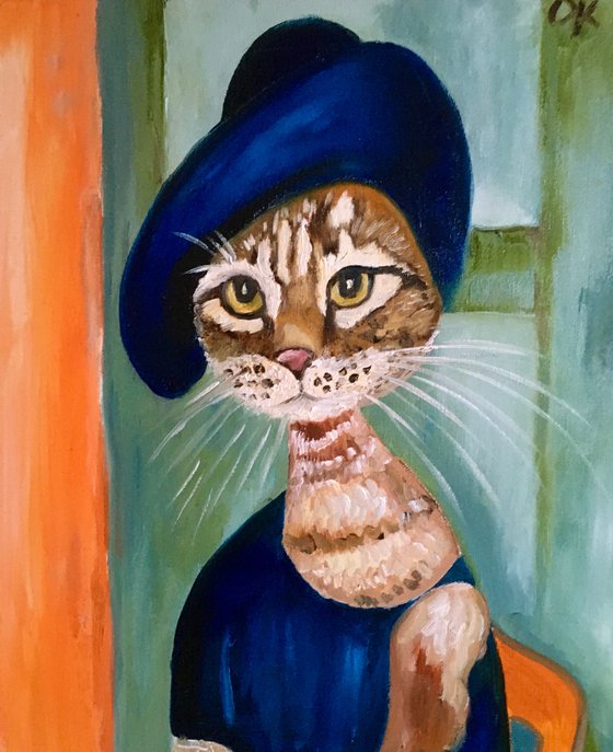 Cat Lady in a hat, Inspired by Amedeo Modigliani portrait Joanne Hebuterne