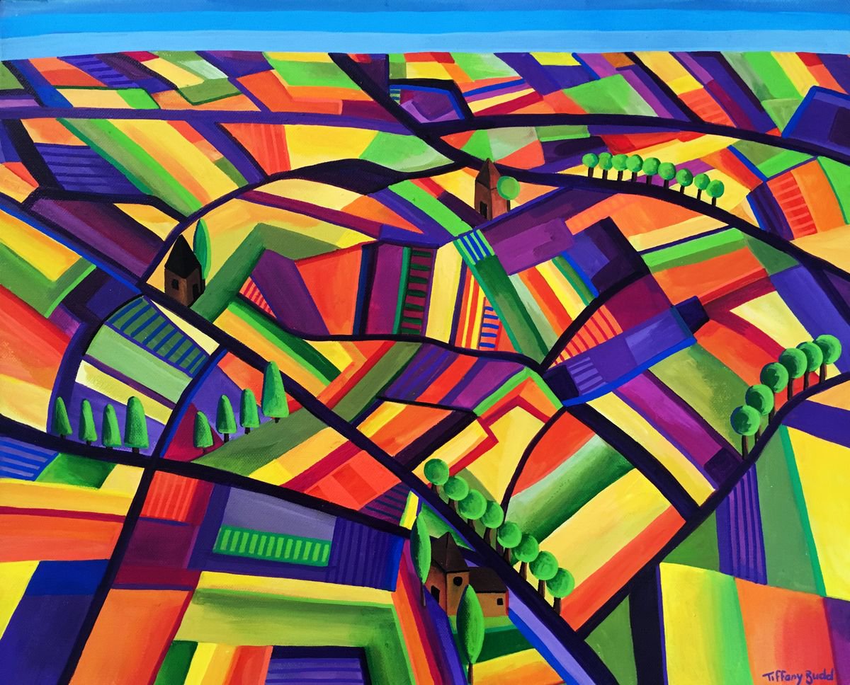 Geometric Landscape Acrylic Painting By Tiffany Budd, 22 X 18", Over The Countryside, Original Artwork