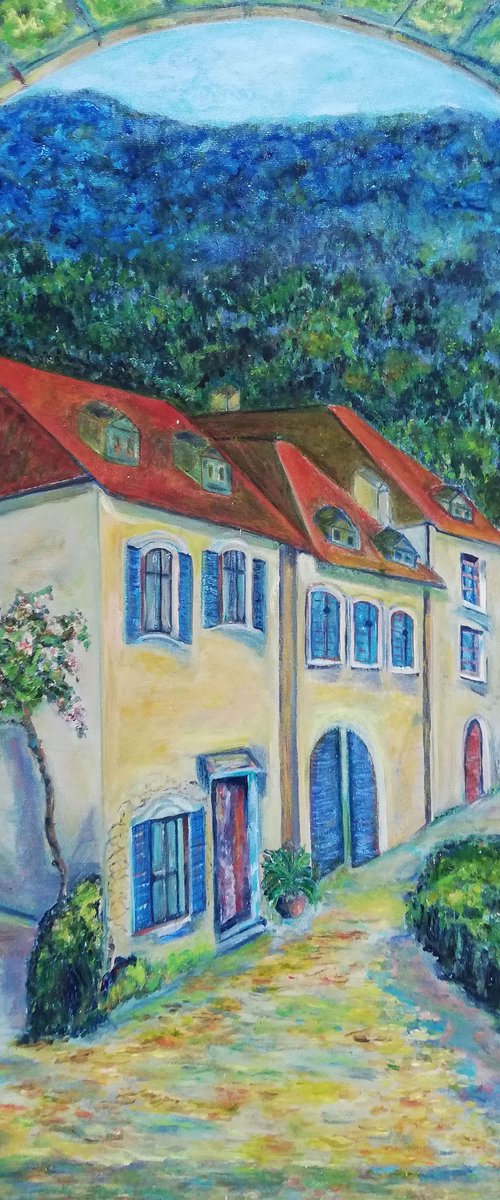 Original Large Oil Painting of Italian Countryside Tuscan Village Houses in Mountains under the Arch Modern Office Art Decor Landscape (Green and Yellow) by Katia Ricci