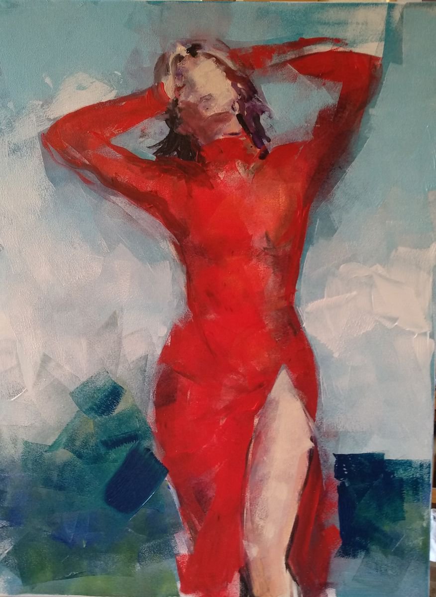 Expressive Portrait Acrylic Painting By Marina Del Pozo, 22 X 29", Red Dress, Original Artwork