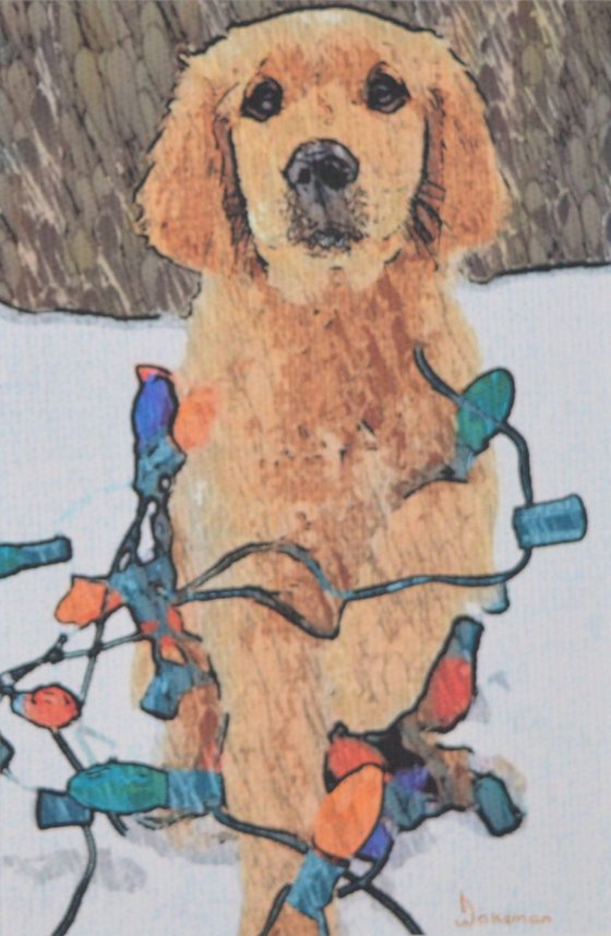 Dog With Lights Original Painting Framed In Oak 8" x 6"