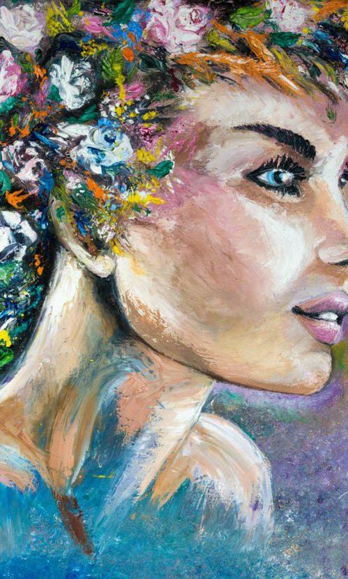 "Summer girl"Original oil painting on canvas,large format 70x100x2 cm by Elena Kraft