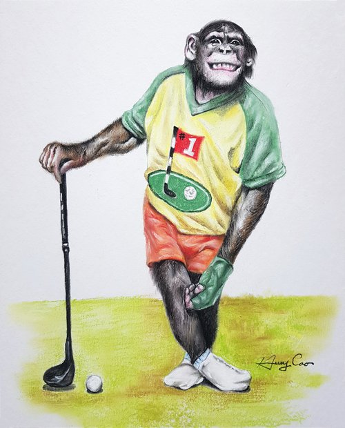 Monkey plays golf by Henry Cao