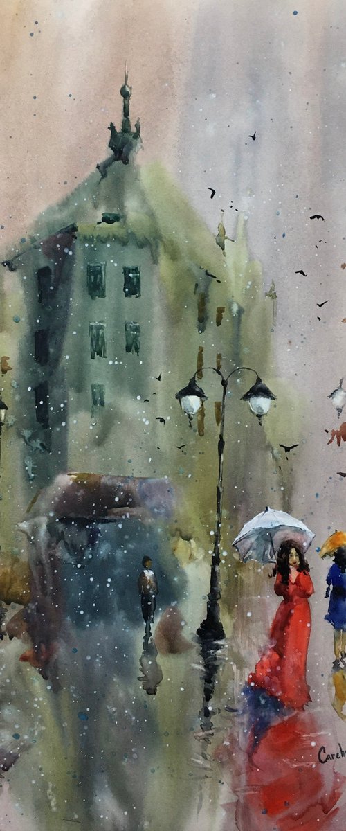 Sold Watercolor “Lady in red” by Iulia Carchelan