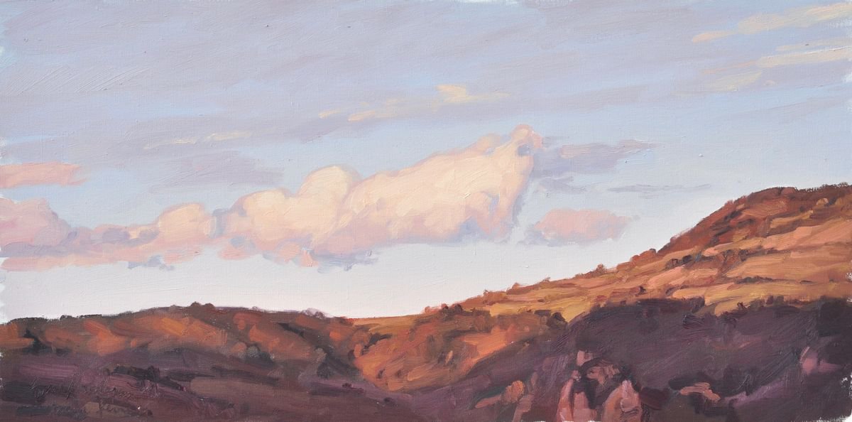 Impressionistic Landscape Oil Painting By Anne Baudequin, 31 X 16, February 13, Cloud Over The Mountain, Sunset, Artfinder