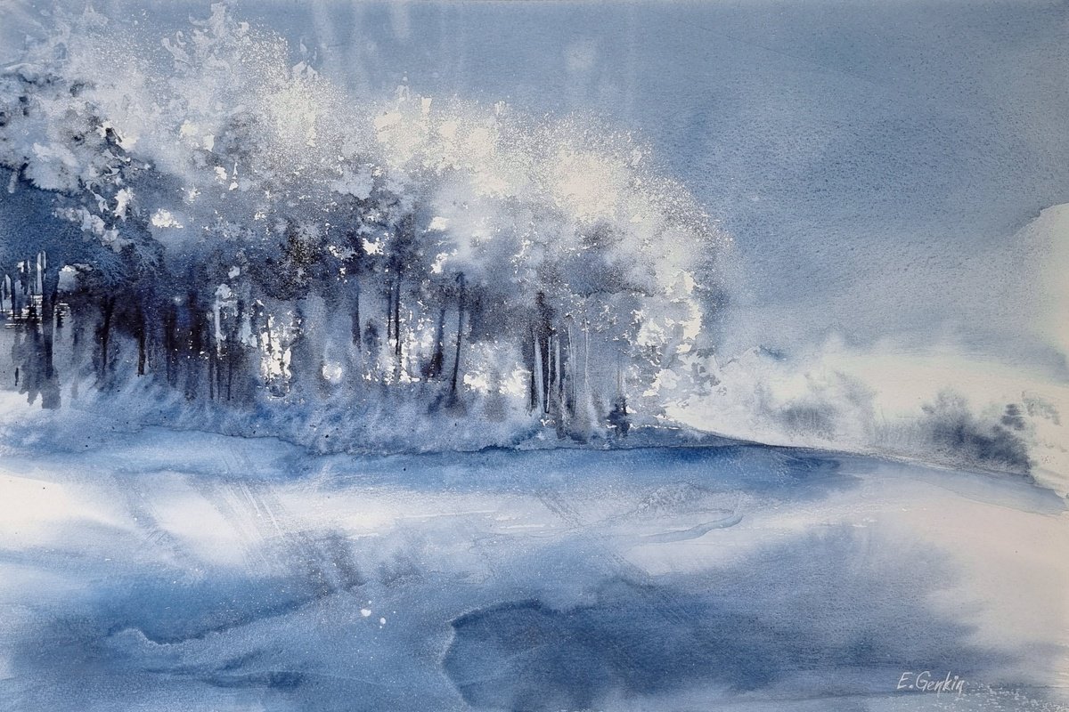 Impressionistic Landscape Watercolour By Elena Genkin, 22 X 15, Snowy Winter Forest, Original Artwork