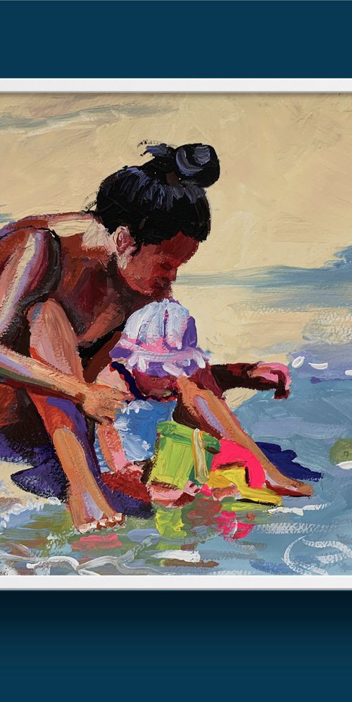 Mom with a kid on the beach. by Vita Schagen