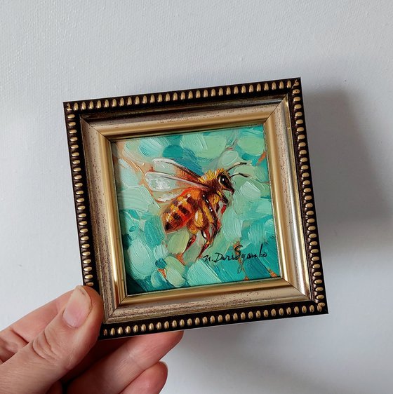 Bee art oil painting original in frame 2x2 inch, Honey bee artwork turquoise