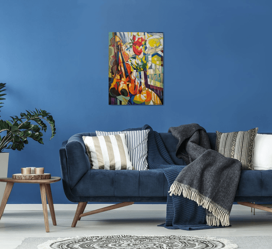 Still life with lemons and violin (60x80cm, cubism, oil painting, ready to hang)
