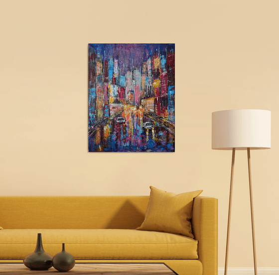 Light at Night -Palette knife,Big City, HomeDecor