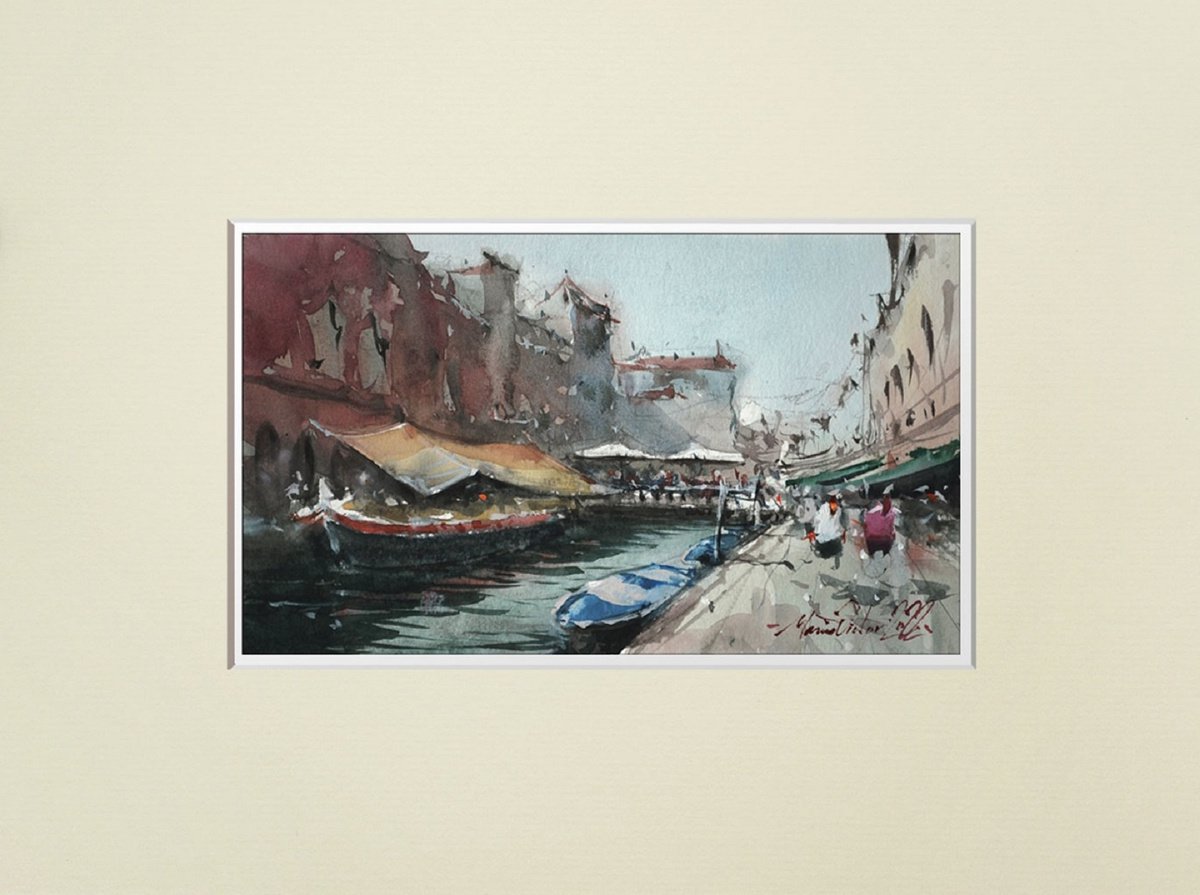Venice daily life scene, watercolor on paper, 2022 by Marin Victor