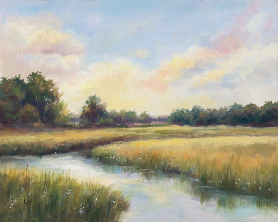 River at sunrise in soft tones