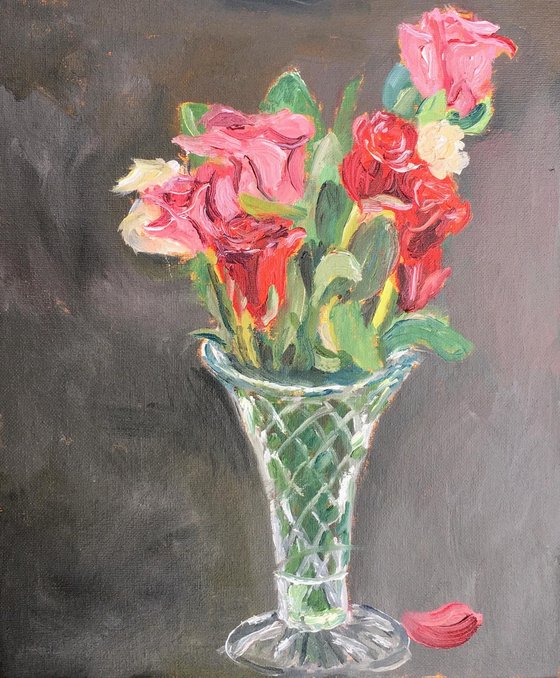 Vase of assorted roses original painting in oils