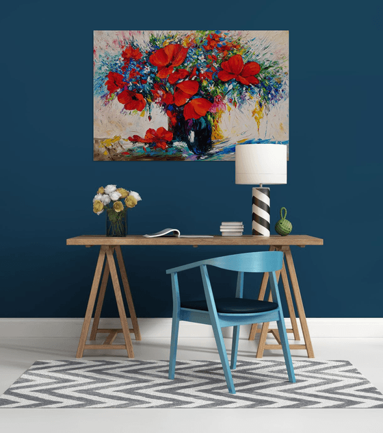 Red poppies in the vase (110x80cm, oil painting, palette knife)
