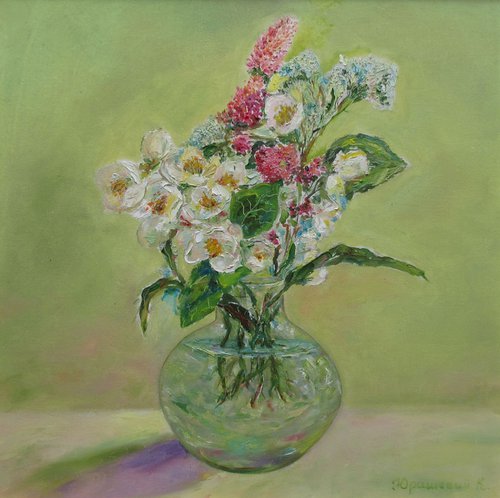 Summer dreaming - Romantic Traditional Impressionistic not Abstract Prizewinning Medium-sized Ligt Green Pink Special Gift Idea Country Flowers Oil Painting 15,8x15,8 in. (40x40 cm) by Katia Ricci