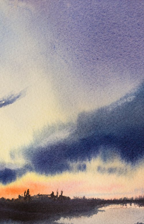 Salamanca. Sunset over Tormes river. Spain landscape. Original watercolor. Small watercolor natural sky clouds landscape dramatic sunset impressionism impression decor by Sasha Romm