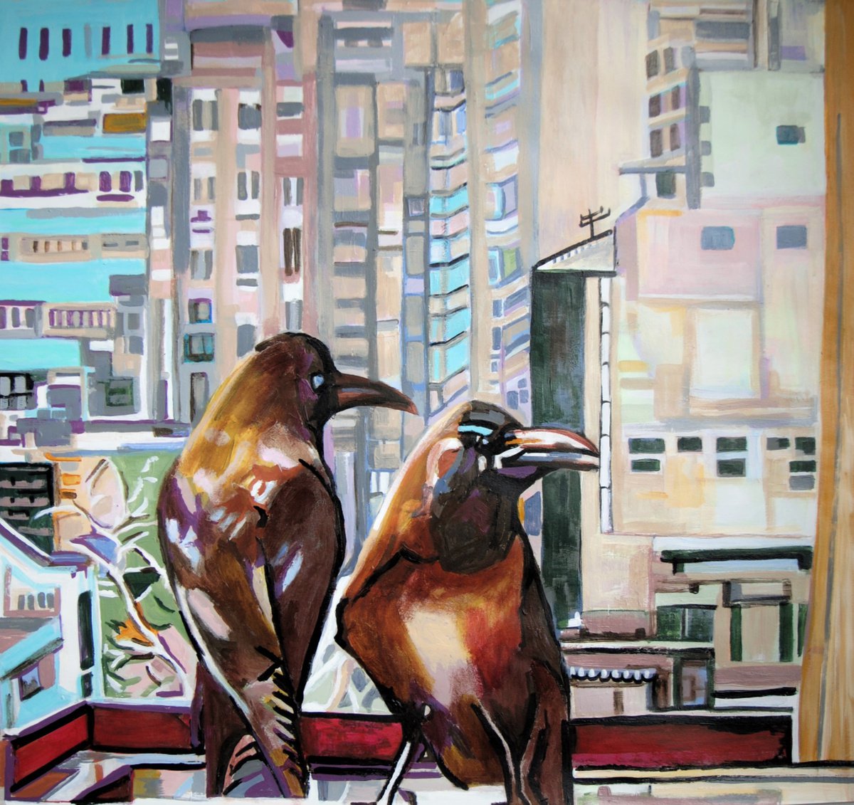Urban And Pop Animal Acrylic Painting By Alexandra Djokic, 28 X 27, Ravens, Original Artwork