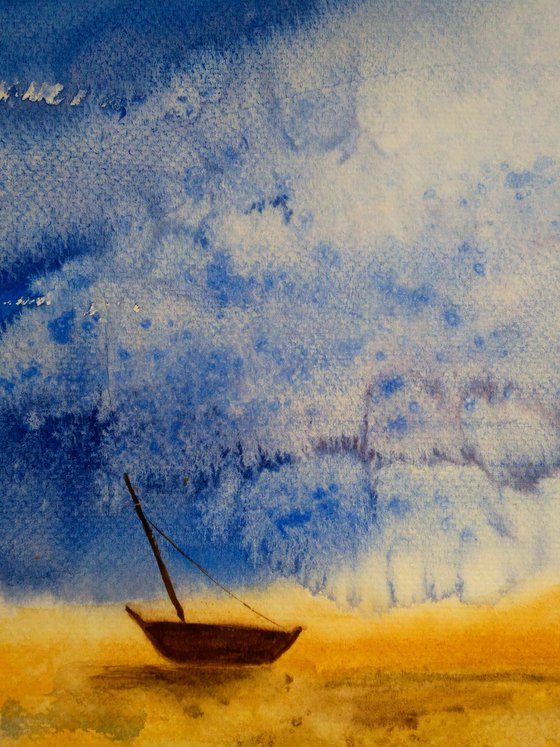 Ocean Painting Nautical Original Art Sailboat Watercolor Seascape Home Wall Art 14 by 10" by Halyna Kirichenko