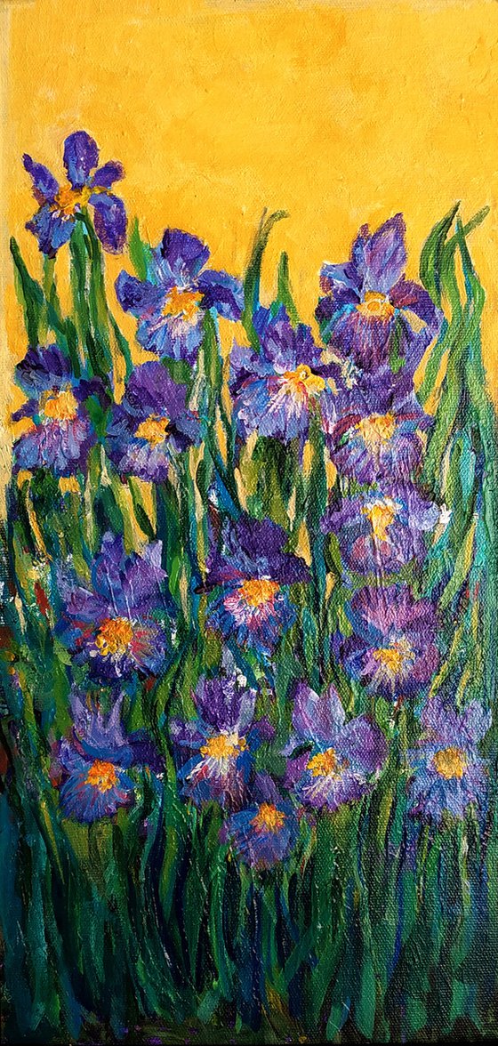 Garden Irises  - Acrylic on canvas board 8"x 16"