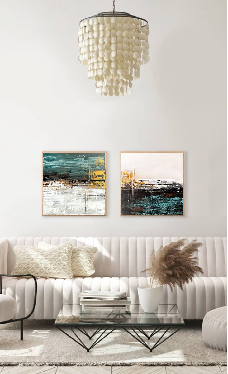 Expressive Landscape Acrylic Painting By Tatiana Malinovscaia, 31 X 16", Golden Currents, Original Artwork