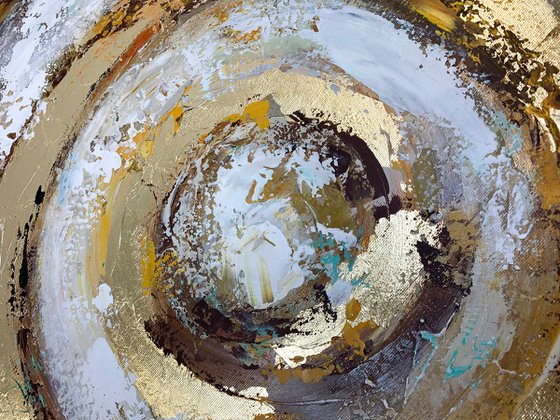 Golden Circle - Abstract White Grey Gold Painting, Square Painting 36" Large Canvas, Gold Leaf, Minimalist Painting, Living Room Painting