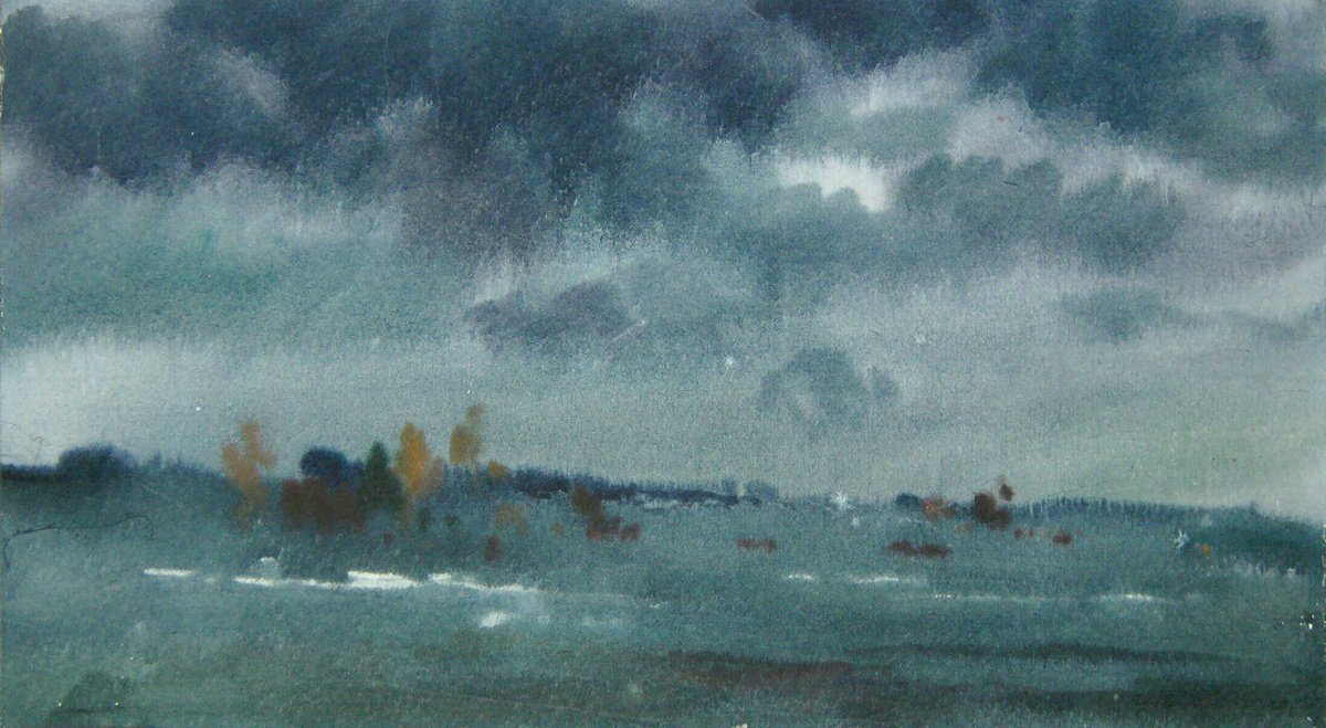 Impressionistic Landscape Watercolour By Valeriy Savenets-1, 14 X 8", Bad Weather Day, Original Artwork