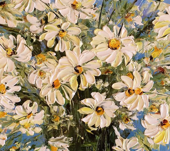 GREETINGS FROM SUMMER - Daisies. Chamomile Bouquet. Flowers. Spring. Wind. Blue background. Wildflowers.